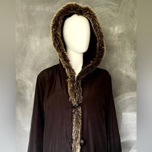 N0073 Kristen Blake Hooded Duffel Coat dark brown Medium Faux Fur Trim Pockets
